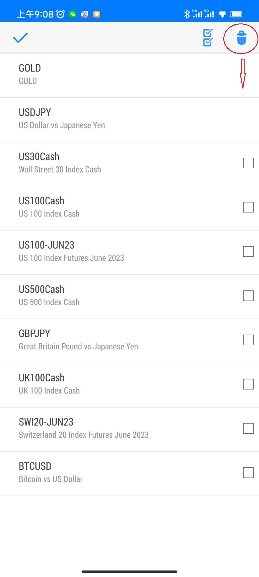 XM安卓端MT4如何删除界面交易品种列表？