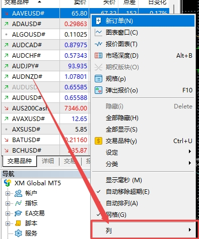 XM MT5上货币报价大小怎么查看?
