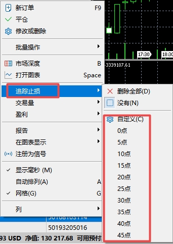 XM MT5上订单追踪止损值怎么设置?