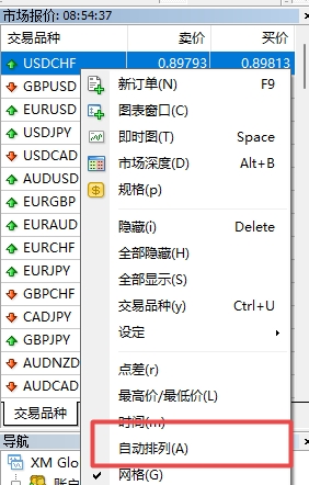 XM MT4上交易品种怎么设置自动排序?